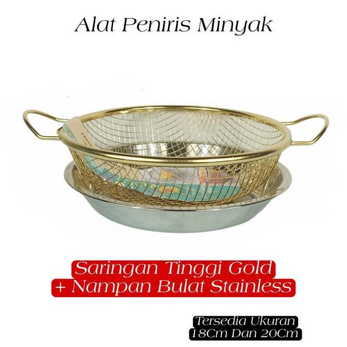 Keranjang Buah Estetik Warna Gold Kombinasi Nampan Stainless Saringan Peniris Elegan Sultan Tiris Mi