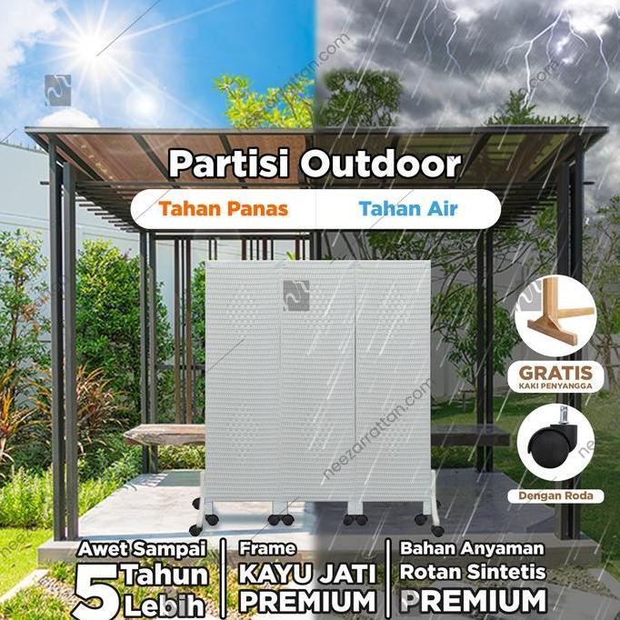 Partisi Outdoor Sketsel Rotan 3 Pintu | Rangka Kayu Jati + Anyaman Rotan | Pembatas Ruangan DENGAN R
