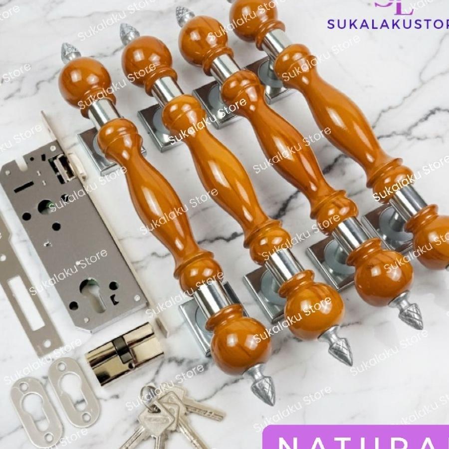 Handle Pintu Rumah 1Set Isi 4 Dan Kunci Silinder/Model Handle Tomat Kayu Jati Panjang 40Cm