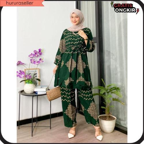 One Set Wanita Kekinian Jumbo Rayon Premium Busui Motif Sonya / Tunik Wanita Setelan Celana Terbaru 