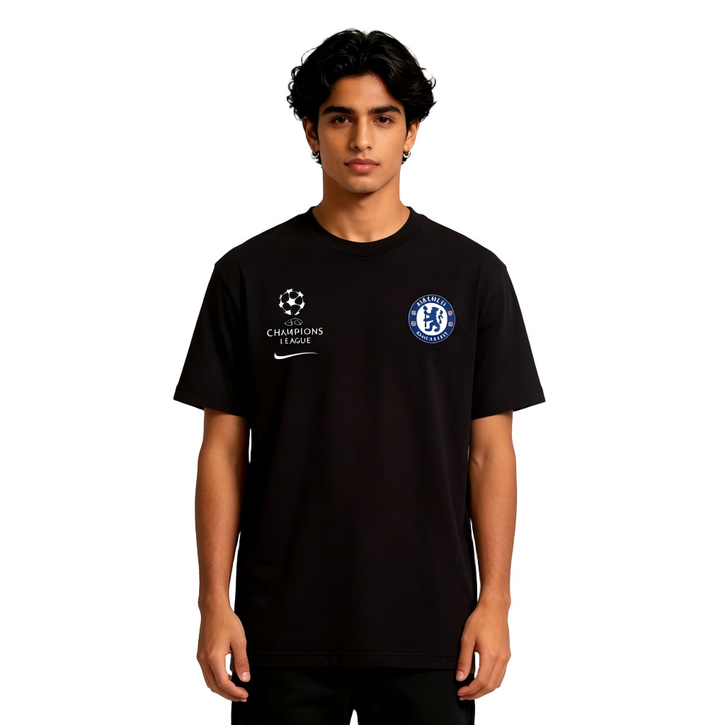 Kaos Oversize Grafis Logo Tim Sepak Bola Chelsea Champions League Estetika Olahraga Streetwear Pria 