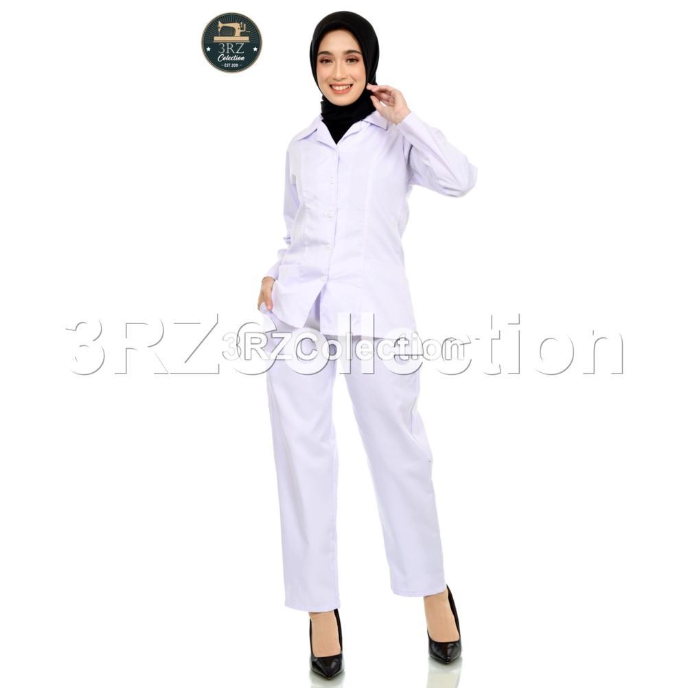PREMIUM SETELAN BAJU SERAGAM PUTIH PERAWAT BIDAN MAHASISWI BLAZER WANITA CELANA ATAU ROK PANJANG