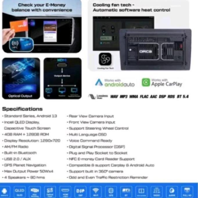 HEAD UNIT TAPE MOBIL ANDROID ORCA STANDAR SERIES ADR-9988 LAYAR 9 INCH