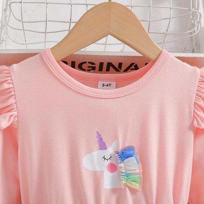 1-7 Tahun Gaun Gadis Unicorn Pakaian Anak Lengan Panjang Tetap Hangat Musim Semi Bayi Cotton