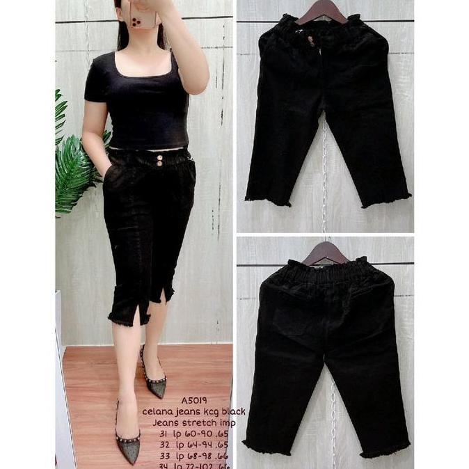 Celana Jeans 7/8 Kancing 2 Kaki Rawis Belah Bahan Jeans Stretch Pinggang Karet Size 31-34 Wanita