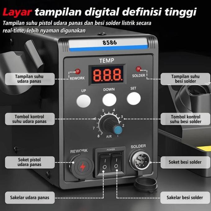 AMDOXTE Solder Blower Stasiun Solder Digital Display Hot Air Solder Blower Hot Air Blower Solder Bes
