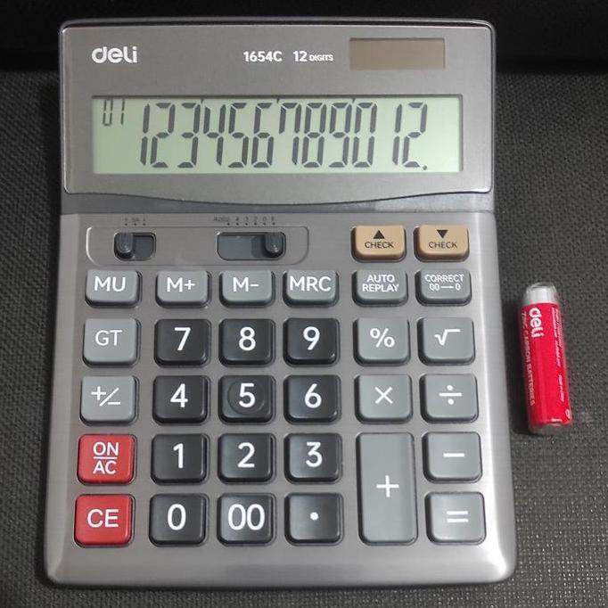 TERMURAH - Kalkulator Besar 12 Digit Cek Ulang Metal Baterai AA A2 Deli E1654