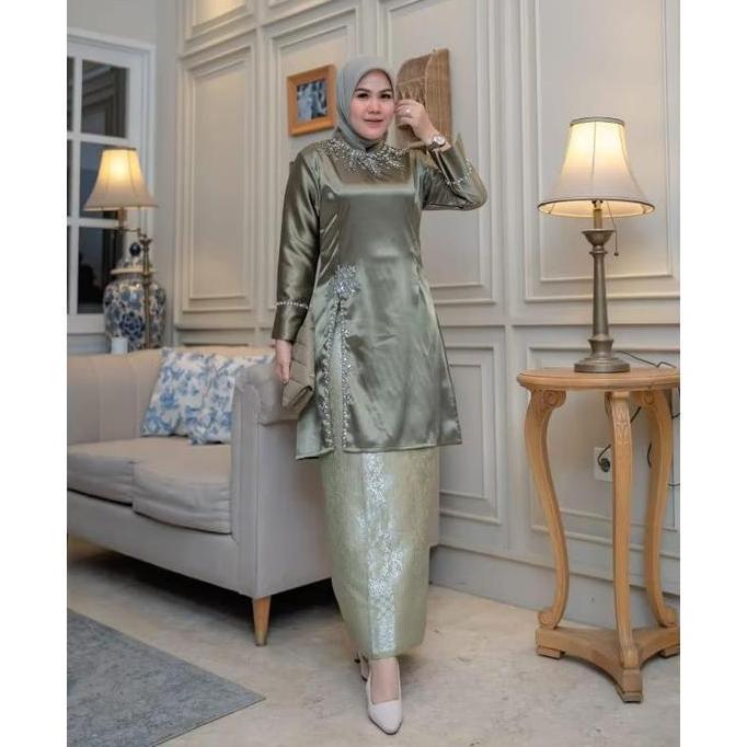 Set  Kebaya Malaysia Payet  Tunik MAHALINI+Gratis Hijab Baju Kurung Melayu Modern  Atasan Dan Bawaha