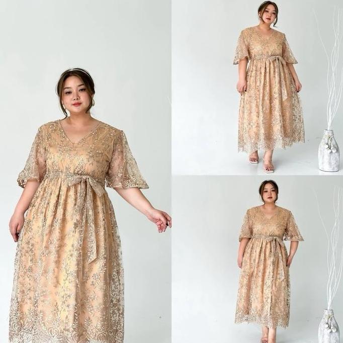JUMBO DRESS PESTA WANITA 2 TONE LOUSSIE BROKAT TILE BORDIR LD 130