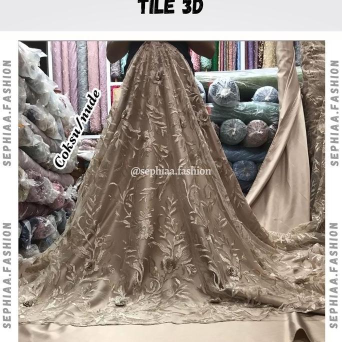 PREMIUM BROKAT TILE 3D - Kain Tile 3D - Kain Tille Tulle 3D Premium Motif Bunga Timbul Import, Bahan