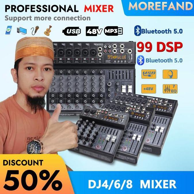 MOREFAND mixer DJ 4/6/8 saluran, mixer audio amplifier profesional, output stereo, fungsi perekaman 
