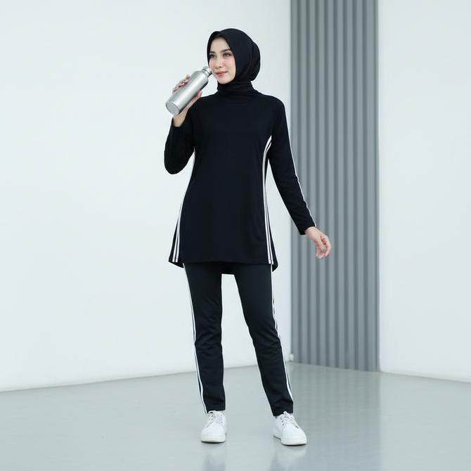 Setelan Baju Senam Panjang / Setelan Baju Olahraga Wanita muslim sport Celana Panjang Tunik Hitam Hi
