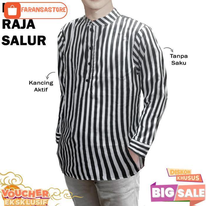Baju Koko Muslim Garis Salur Hitam Putih Lengan Pendek Lengan Panjang Casual Ganjar Pranowo Atasan H