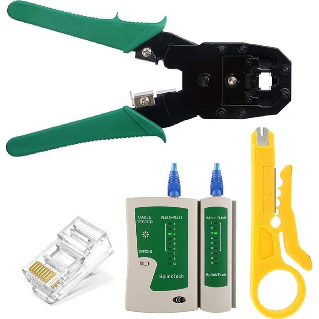 Set Crimping Tang + Lan Tester + Rj45 20 Pc Network Lan Cable Tester Connector