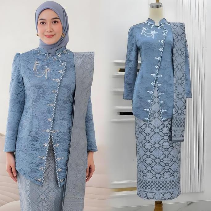 NEW SETELAN KEBAYA TUNIK BROKAT PAYET MIRING MIX SONGKET PALEMBANG DENGAN SELENDANG MODERN ELEGAN AT