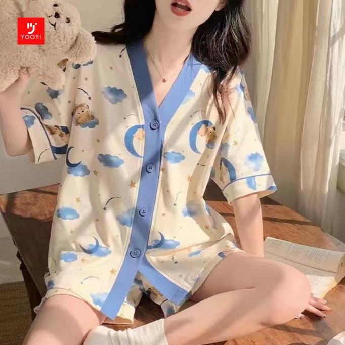 Vestito- Yooyi Baju Tidur Nita Set Desa Sexy Jumbo Celana Pendek Piyama Perempuan Model Kemeja Lenga