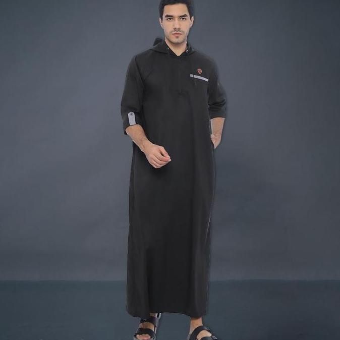 Jubah Gamis Hoodie Pria Dewasa Lengan Pendek Modern Biru Navy