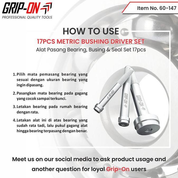 GRIP ON Set Driver Bushing Metric 17pcs GRIP ON 60-147 Alat Lepas Pasang Bearing & Seal Diameter 10-