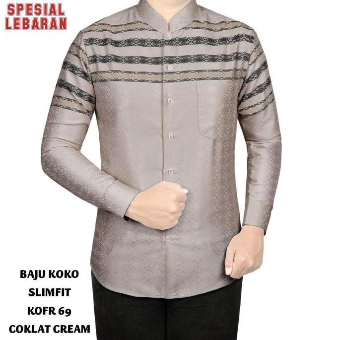 BAJU KOKO MUSLIM PRIA KEMEJA KOKO PRIA SLIM FIT LENGAN PANJANG FORTUN REMO KOFR 53 COKLAT CRE MUSLIM
