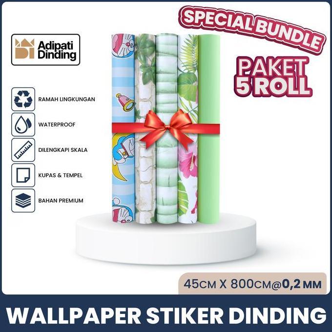 BUNDLE  PAKET 5 ROLL/PCS WALLPAPER DINDING ALL VARIANT UKURAN PER ROLL 45CM X 8 METER ADIPATI Promo
