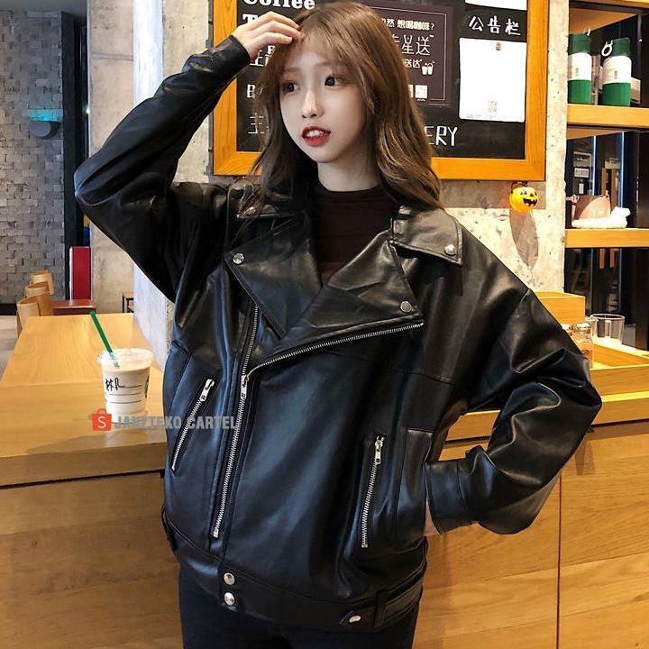 TERMURAH JNK x NYC - Jaket Kulit Oversize Leather Jacket Women Wanita Korean Jumbo Oversized Crop As