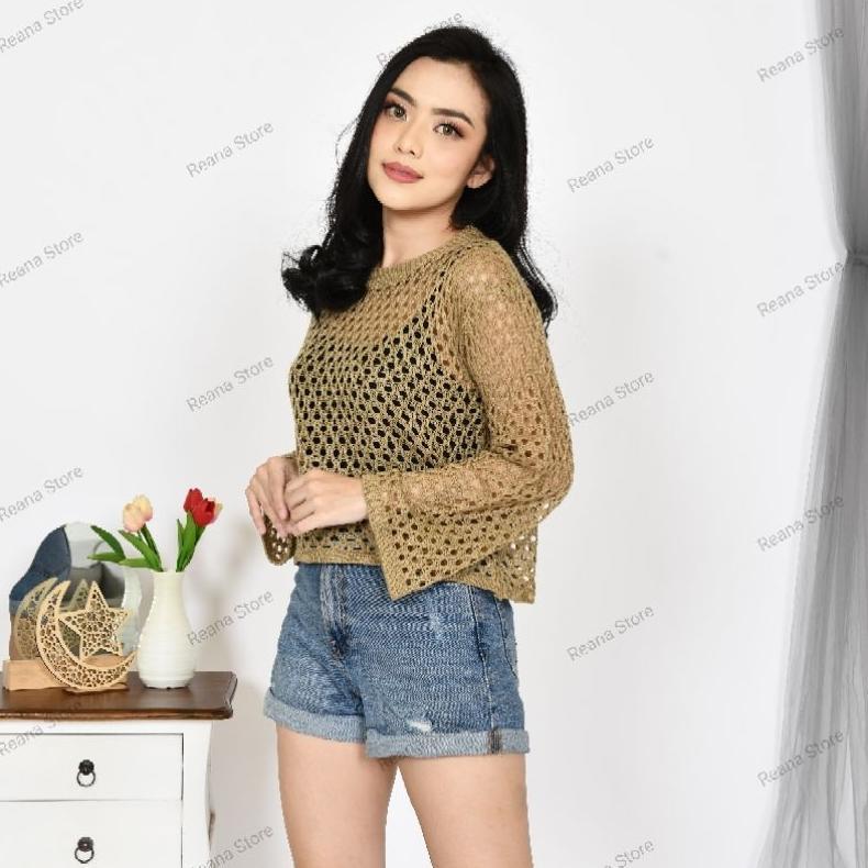 Grosir Sweater Fuji Basic Crop Top Rajut Jaring Ootd / Sweater Crop Top Rajut Jaring Fuji