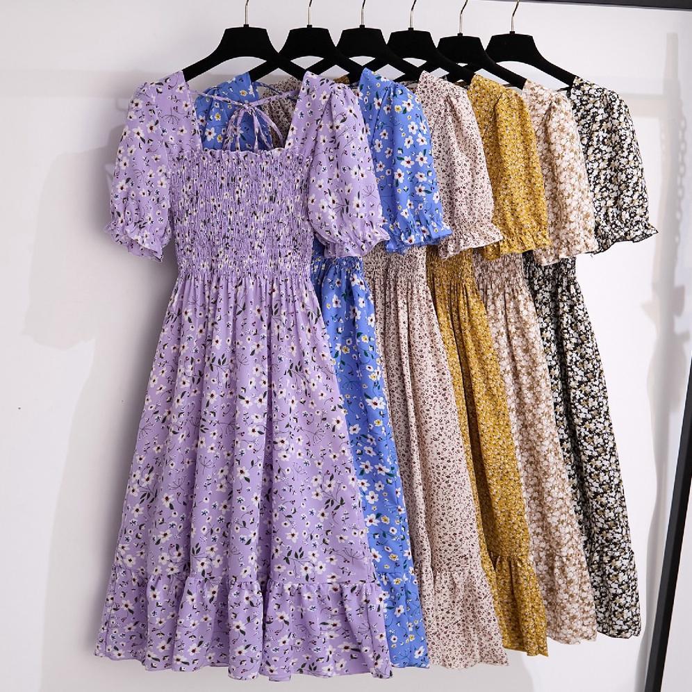 Viral  Kualitas Tinggi New Hitam Kuning Merah Muda Hijau Merah Biru Ungu Floral Midi Dress Korea Sty