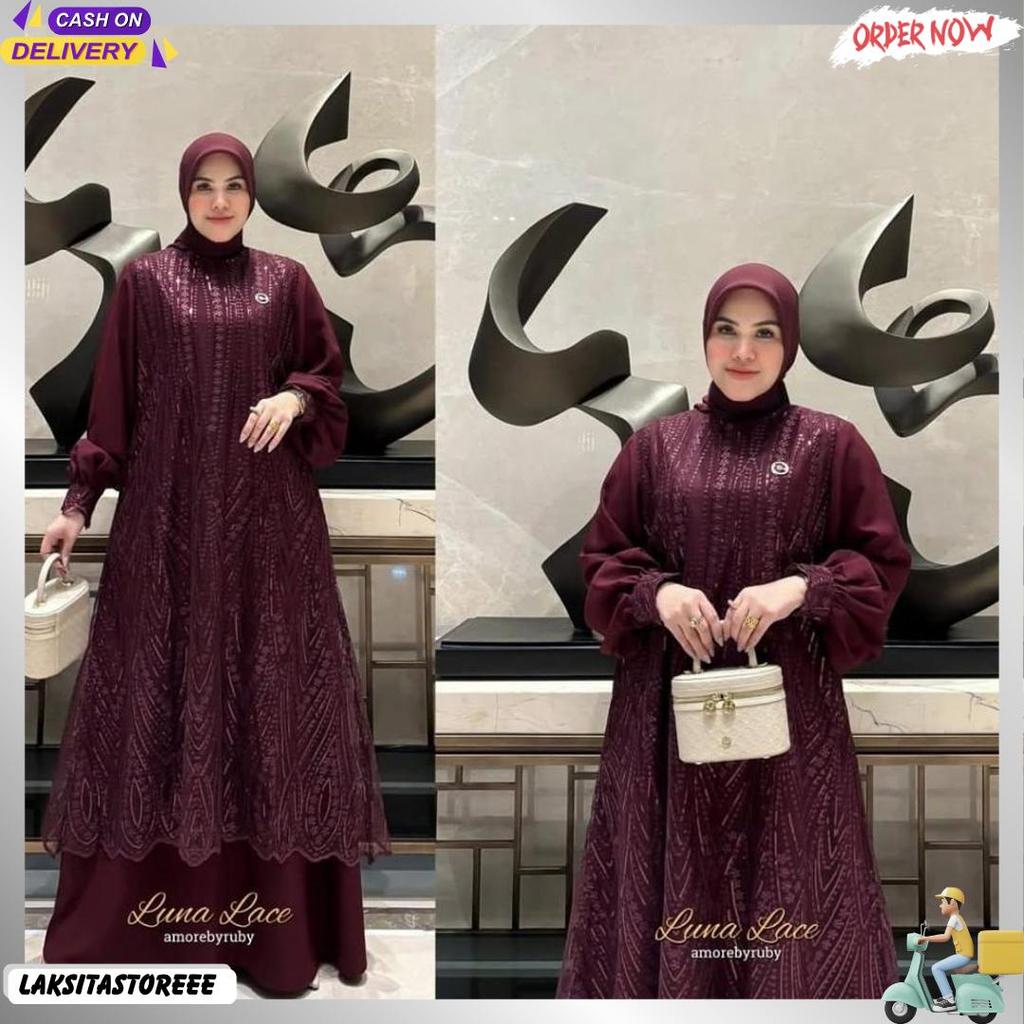 Harus Style1204 Lunna Lace Maxi Dress Pesta Warna Burgundy Bahan Ceruty Babydoll Mix Burkat Mewah Pe
