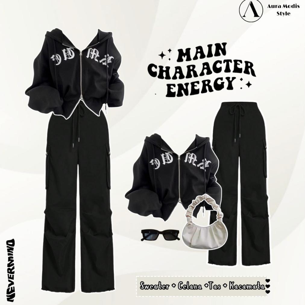 Premium Setelan 4In1 Wanita Premium | Sweater Crop Fleece Adem | Celana Cargo Hitam Jumbo Anti Gerah