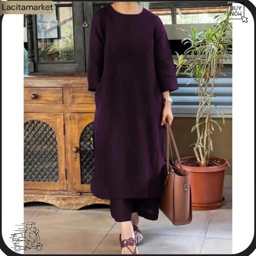 Tunika Oneset Katun Rami Baju Tunik+Celana Hw Daily Set Santai Stelan Remaja Viral Korean Stlye Cod 