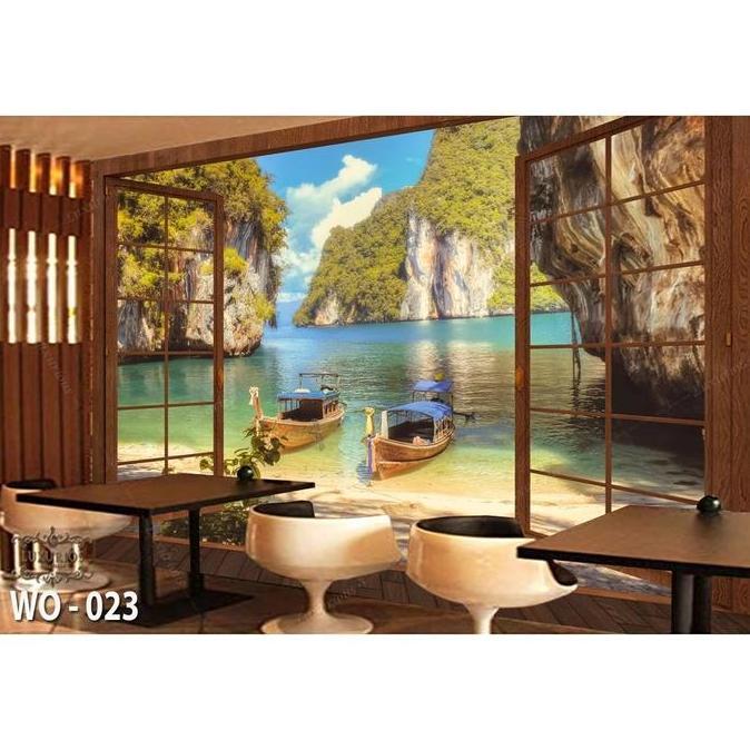 Wallpaper Custom Dinding 3D Motif Pemandangan Jendela Custom Wallsticker