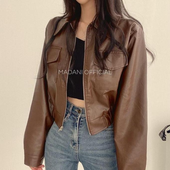 MDN x WENDA - Jaket Wanita Semi Crop Kulit Sintetis Viena PU Leather Premium Elegan Cewek Perempuan 