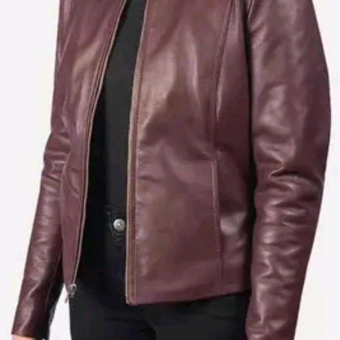 jaket kulit sintetis wanita warna coklat tua jaket slimfit jaket Polos Musim dingin Musim panas Sant