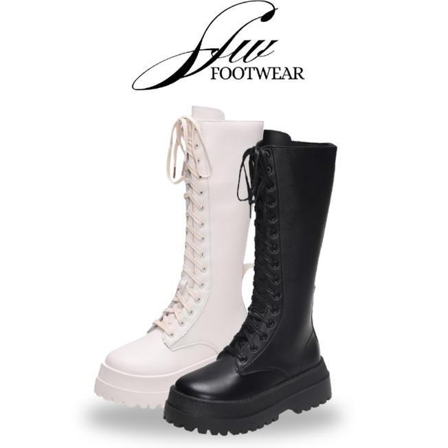 Sepatu Boot Panjang Wanita Hak Sedang Sfw 284 Tapak Karet Warna Hitam Dan Putih Shoes
