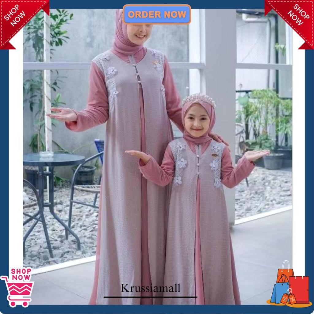 Aisha Couple Kids And Mom/Gamis Couple Ibu Dan Anak Free Pashmina Model 2025/Gamis Motif Ibu Dan Ana