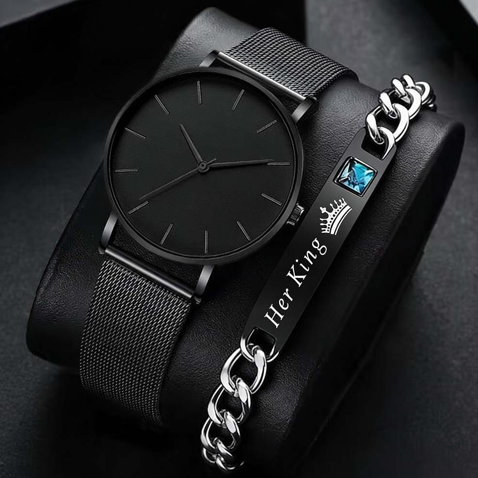 Limited 2Pcs Jam Tangan Gaya Bisnis Pria Jam Tangan Mewah Klasik Ultra Tipis Jam Tangan Paduan Bisni
