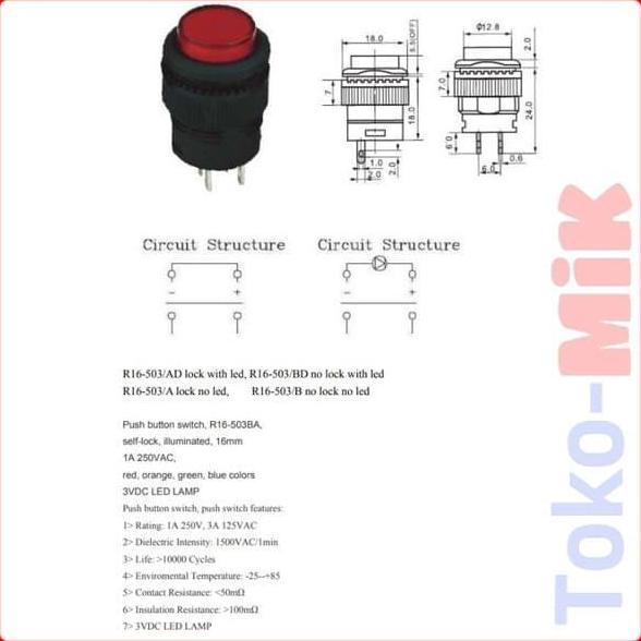 tombol push on/off (saklar switch push on) r16-503ad 16mm led
