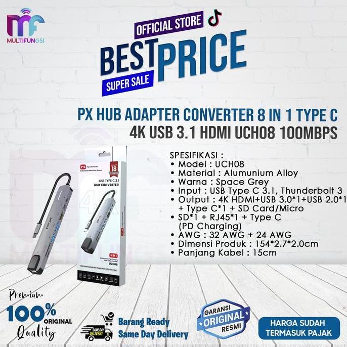 PX Hub Adapter Converter 8 in 1 Type C 4K USB 3.1 HDMI UCH08 100Mbps