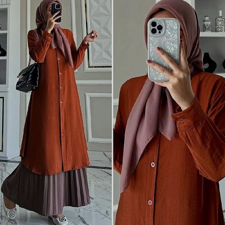FLASH SALE atasan tunik polos wanita full kancing depan semi gamis wanita tunik suxexo terbaru 2025