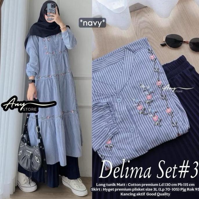 OOTD Setelan XL XXL XXXL Delima Alona long tunik + rok Plisket hyget premium Bordir Muslim Wanita OO