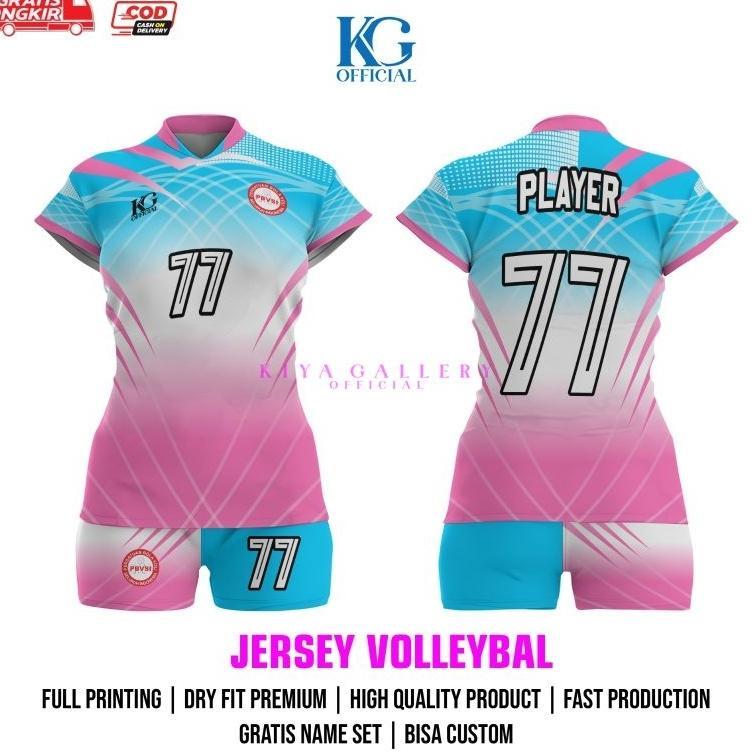 Jersey Voli Wanita Blue White Pink Full Printing Premium Gratis Custom Nama & Nomor Baju Voli Tim Ce