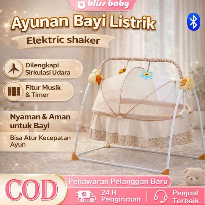 Ayunan Bayi Elektrik Otomatis Aman 5 Tingkat Pengaturan Remote Control Dilengkapi Kasur Bantal Kelam