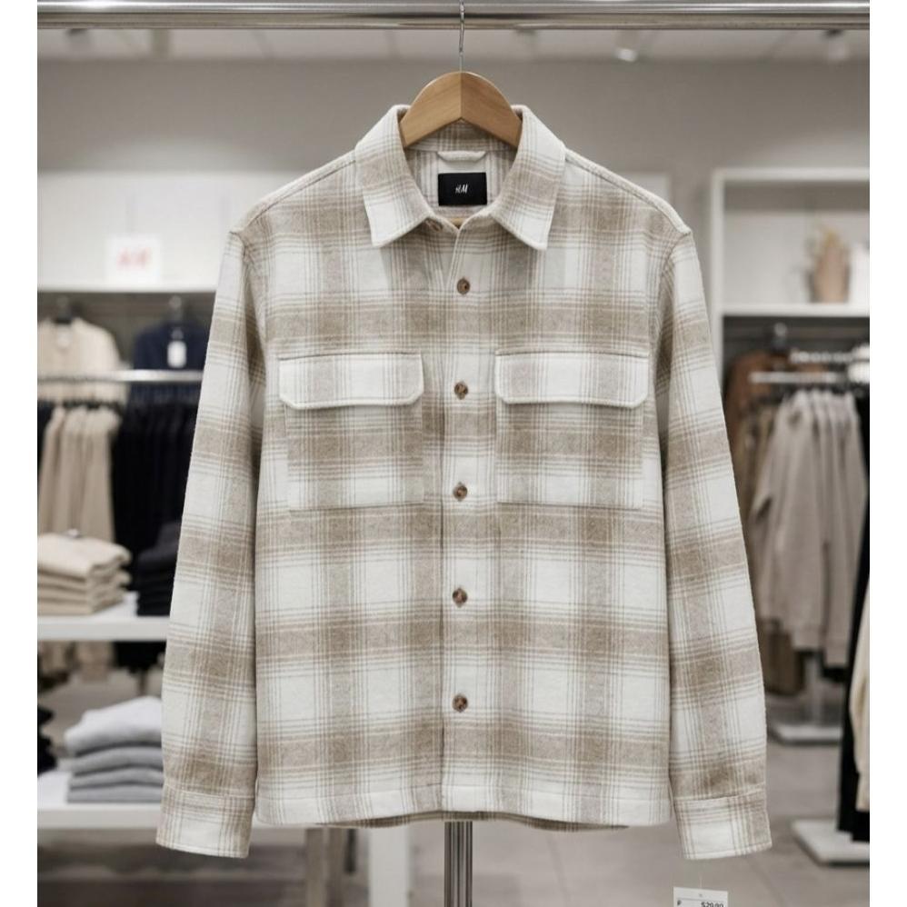 HOT DEALS HM OVERSHIRT SHACKET FLANNEL PRIA ORIGINAL BEIGE PLAID KEMEJA KOTAK-KOTAK TEBAL PREMIUM KE