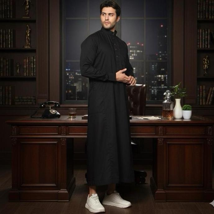 Jubah Polos Slimfit Premium Gamis Pria Style Haramain Hitam Resleting 6 Kancing Premium Import Saku 