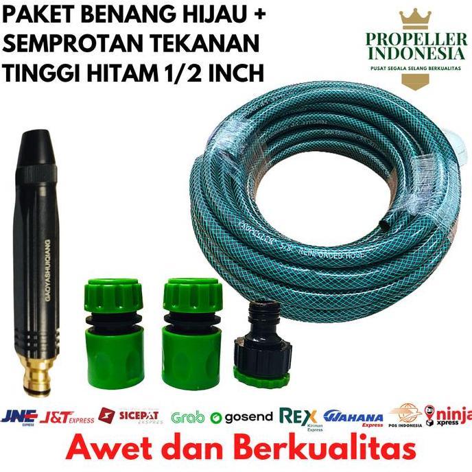 Selang Air 1/2 Inch Benang Hijau Paket Semprotan Air Cuci Motor Hitam