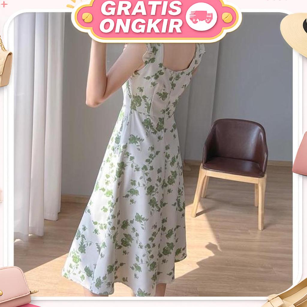 958  Sage Green Beach Dress For Woman Summer Korean Fairy Halter Sleeveless Floral 2Xl Long Dress Hi