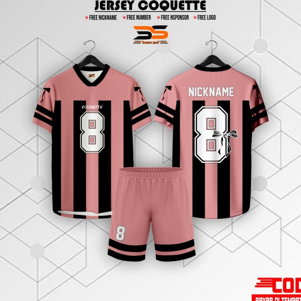 Jersey Coquette Ribbon Korean Hitam Pink Terbaru / Bola / Voly / Futsal / Tennis Custom Nama