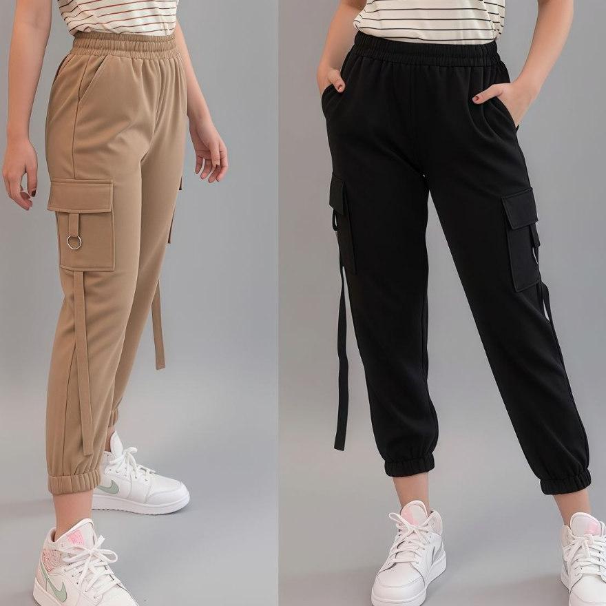 Yuralabel - Cargo Pants Wanita Celana Cargo Celana Jogger Scuba Korean Style Kekinian Hitam Putih