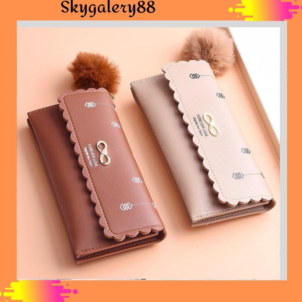 official skygalery dompet panjang  lipat wanita dengan pompom women wallet korean