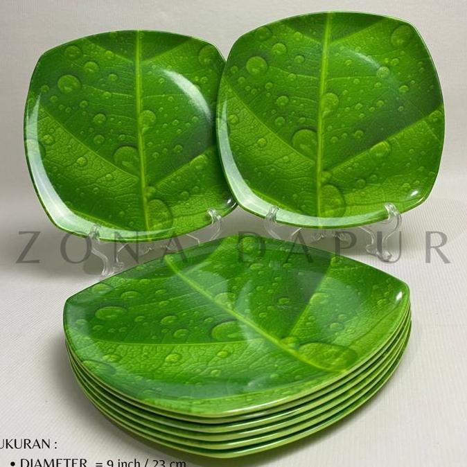 (6 pcs) - Piring Melamin Persegi Ceper Motif Daun (9 inch / 23 cm), Piring Melamine Motif Daun, Piri